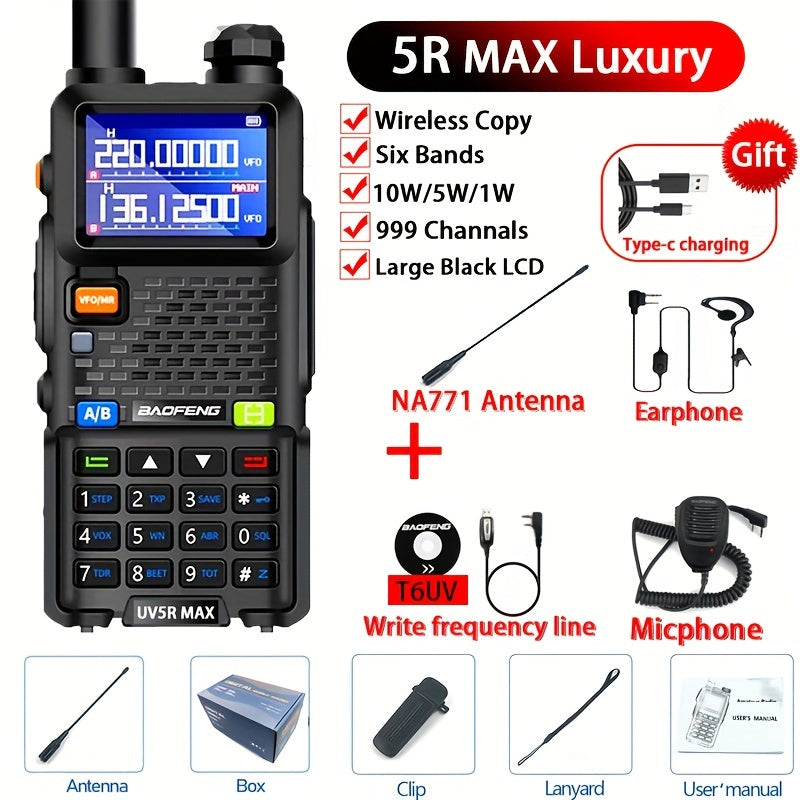 Baofeng UV-5R Max Walkie Talkie - 10W High Power, 6 Bands, 999 Channels, Long Range Communication for Outdoor Adventures - For Hikers, Campers & Outdoor Enthusiasts - Perfect Gift for Adventure Seekers