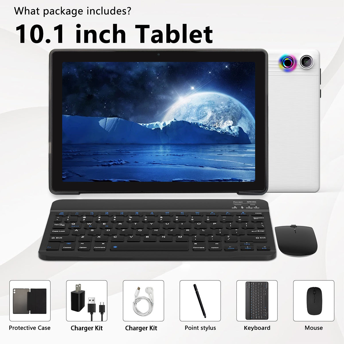 AEEZO Face Recognition Supported 2-in-1 Tablet With Wireless Keyboard, 10.1-inch, Android 14 Tablet, Octa-Core, 10GB RAM (3 7), 64GB Storage, 1TB TF Expansion, 1280x800 HD, 5, 000mAh, Dual Cameras (5MP 8MP), With Wired Headset, Wireless Mouse, Keyboard,