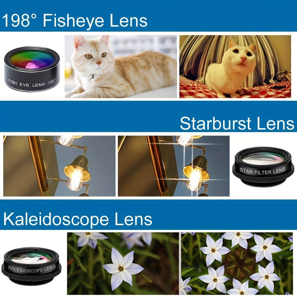 7-in-1 Mobile Phone Camera Lens Kit-198° Fisheye Lens 15X Macro Lens 0.63X Wide Angle Lens Telephoto Lens 2x CPL Kaleidoscope Starburst , Suitable for iPhone 11 12 13 for SamSung for Android Clip-on Camera Lens