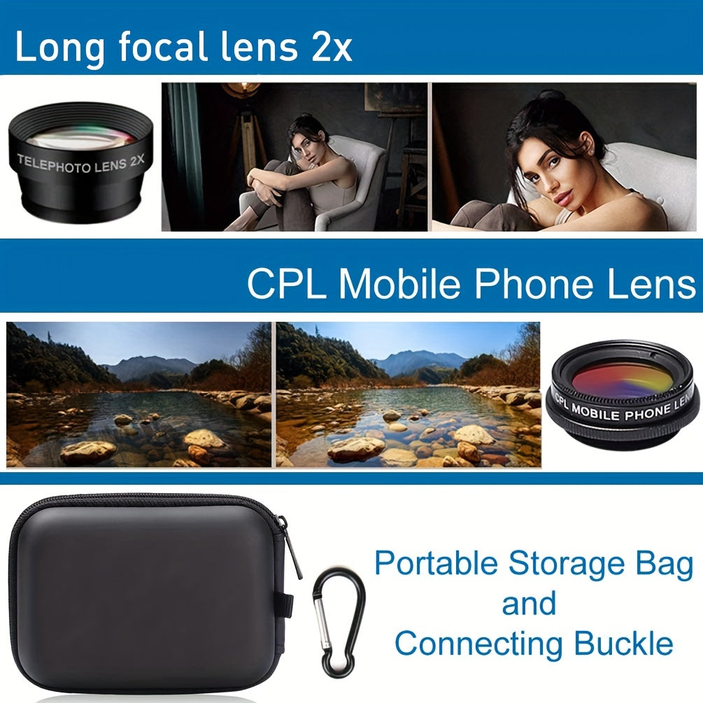 7-in-1 Mobile Phone Camera Lens Kit-198° Fisheye Lens 15X Macro Lens 0.63X Wide Angle Lens Telephoto Lens 2x CPL Kaleidoscope Starburst , Suitable for iPhone 11 12 13 for SamSung for Android Clip-on Camera Lens