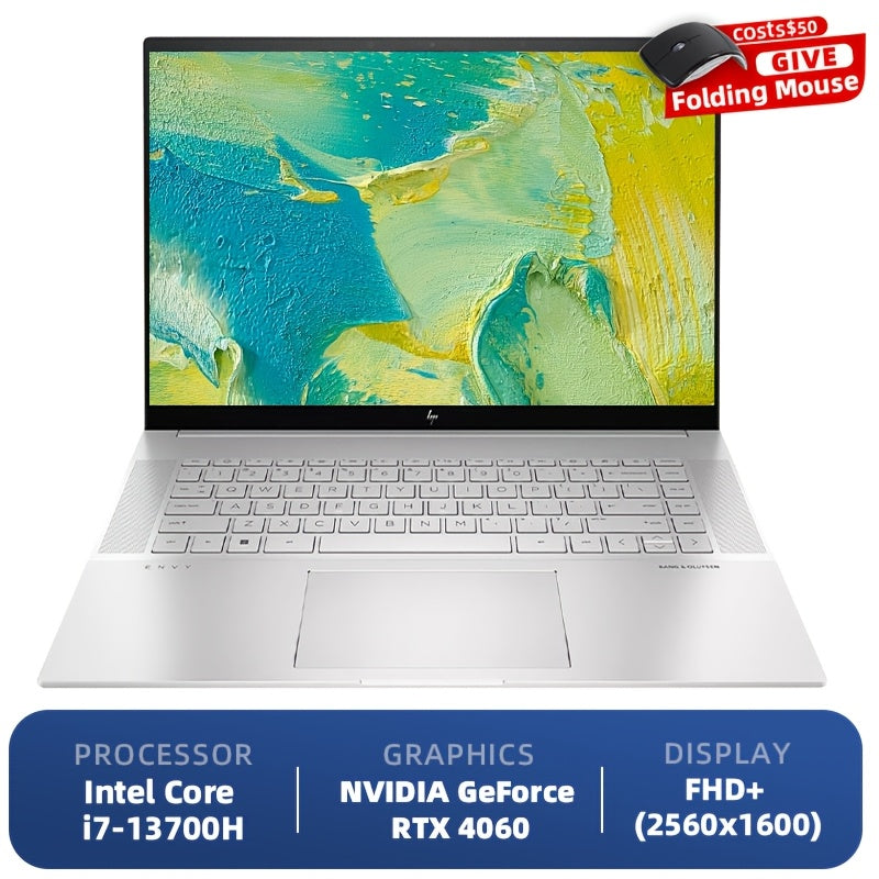 HP Envy 16 Touchscreen Laptop - 16" WQXGA IPS, 120Hz, Intel i7-13700H, 32GB DDR5 for RAM, 2TB SSD, GeForce RTX 4060, Backlit Keyboard, Windows 11 Home, Silvery with Folding Mouse