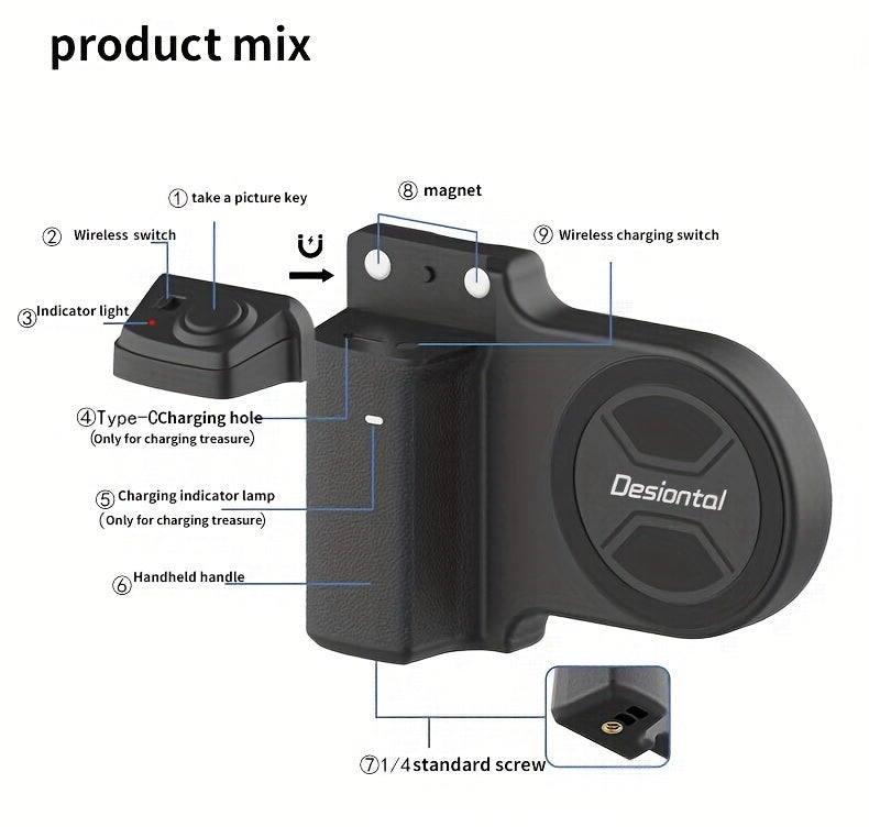 Desiontal Mini Smartphone Handheld Gimbal with Quick Magnetic Mount - Portable Outdoor Photography Selfie Stick Assistant with Detachable Shutter, Remote Shooting Capability, 1/4'' Screw Hole for Tripod Compatibility, Battery-Powered with Button Battery,
