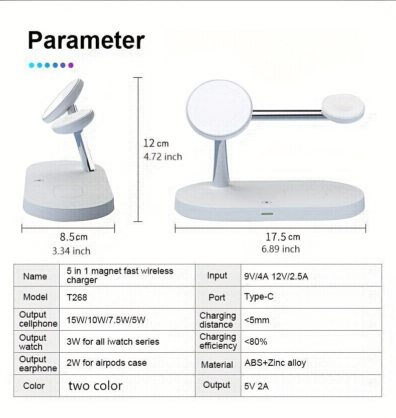 TIMESS-5 in 1 Magnetic Wireless Charger Stand, 15W Qi Fast Charging Dock Station Holder LED Night Light Compatible with iPhone 15/14/13/12 Pro Max Mini, Apple Watch 9/8/7/SE/6/5/4/3/2, AirPods 3/2/Pro