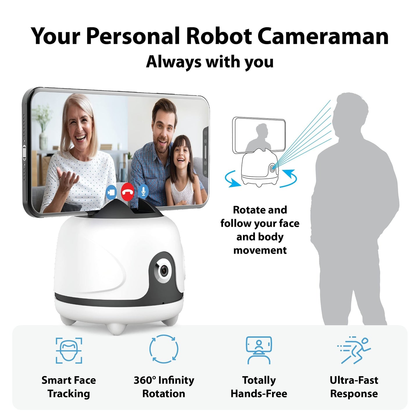 360° Auto-Rotating Face Tracking Tripod, USB Rechargeable Smart Phone Gimbal
