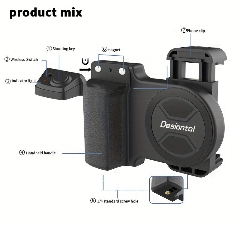 Desiontal Mini Smartphone Handheld Gimbal with Quick Magnetic Mount - Portable Outdoor Photography Selfie Stick Assistant with Detachable Shutter, Remote Shooting Capability, 1/4'' Screw Hole for Tripod Compatibility, Battery-Powered with Button Battery,