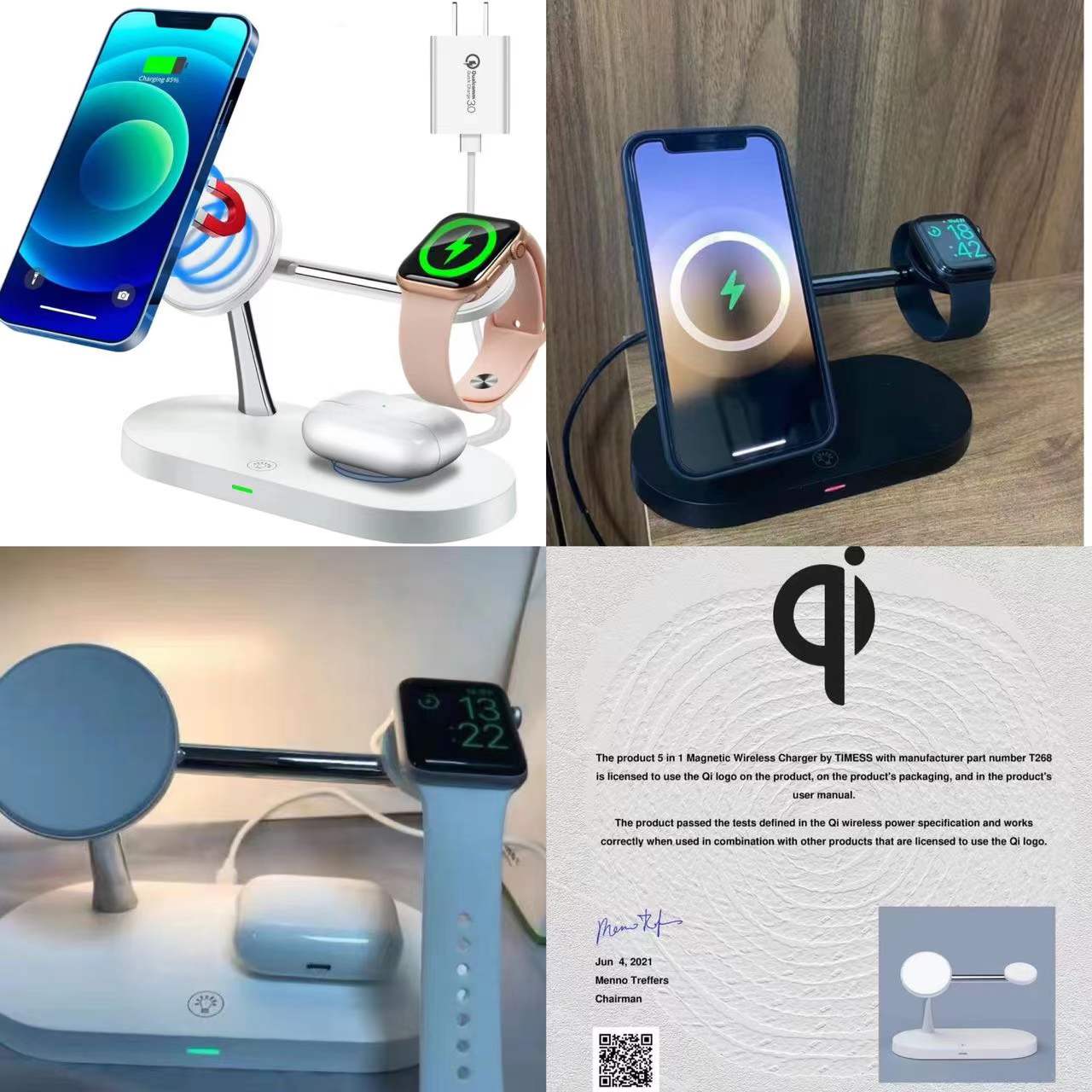 TIMESS-5 in 1 Magnetic Wireless Charger Stand, 15W Qi Fast Charging Dock Station Holder LED Night Light Compatible with iPhone 15/14/13/12 Pro Max Mini, Apple Watch 9/8/7/SE/6/5/4/3/2, AirPods 3/2/Pro
