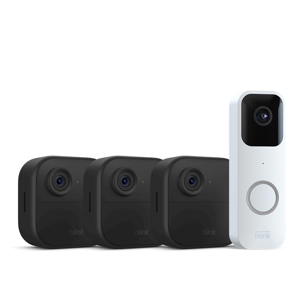 Blink Video Doorbell 3 Outdoor 4 smart security cameras (4th Gen) with Sync Module 2 | Two-year battery life, motion detection, two-way audio, HD video, Works with Alexa