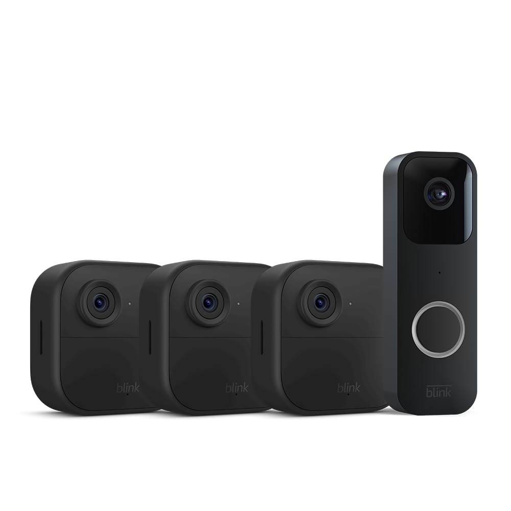 Blink Video Doorbell 3 Outdoor 4 smart security cameras (4th Gen) with Sync Module 2 | Two-year battery life, motion detection, two-way audio, HD video, Works with Alexa