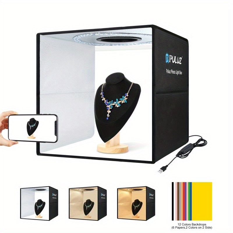PULUZ Portable 16" Ring Light Studio with USB Power, Foldable Photo Tent Box & 6 Dual-Sided Color Backdrops - Ideal for Professional Photographers, Portable Photo Studio Light Box, PULUZ