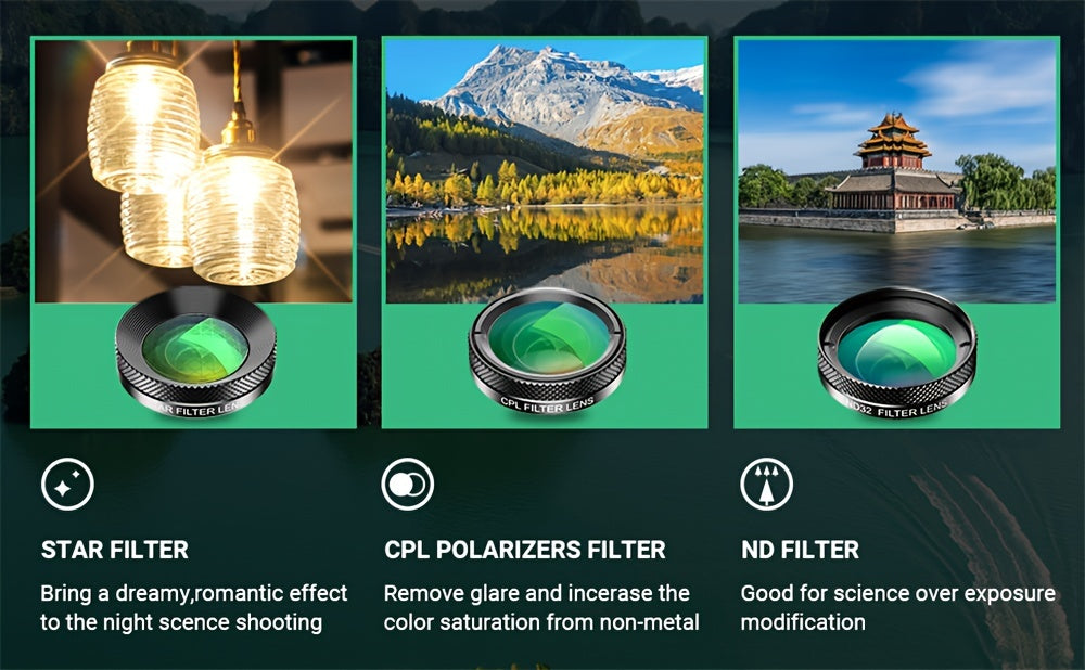 APEXEL 6-in-1 Phone Camera Lens Kit - Universal Clip-On Smartphone Photography Accessories with Macro, Wide Angle, Fisheye Lenses, ND Filter, Star Filter, CPL Lens, Aluminum Alloy Construction