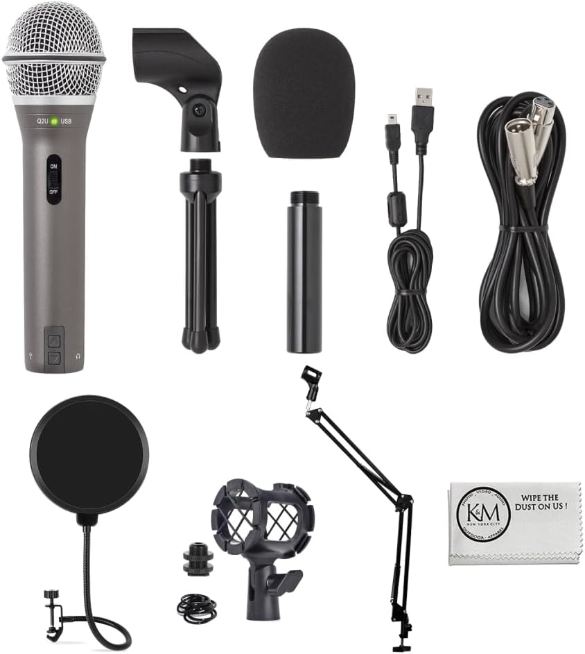 Samson Technologies Q2U USB/XLR Dynamic Microphone Recording and Podcasting Pack (Includes Mic Clip, Desktop Stand, Windscreen and Cables), Silver
