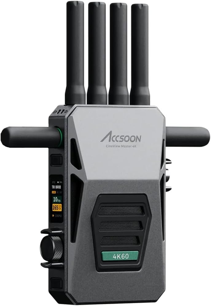 ACCSOON CineView Master 4k Wireless Video Transmission System Transmitter&Receiver 2.4 5Ghz 6GHz Tri-Band Transmission 604k Resolution 25 ms Latency 8202ft Range 1 Wired 4 Wireless Connections