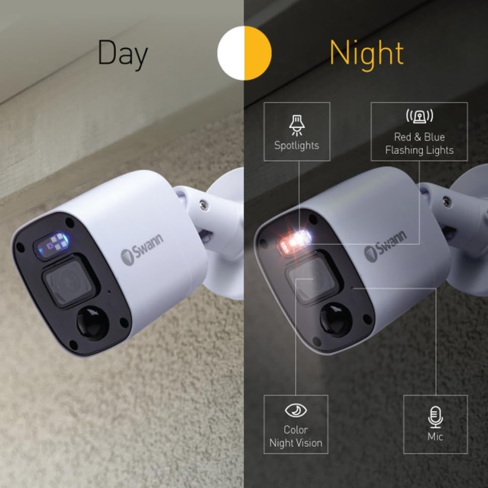 Swann 4K Security Camera System DVR with 2TB HDD, 8 Channel 8 Cam, Indoor Outdoor Wired 8MP Home Surveillance Bullet Cameras, Color Night Vision, 24/7,Heat Motion Detection, LEDs, Sirens and Mic