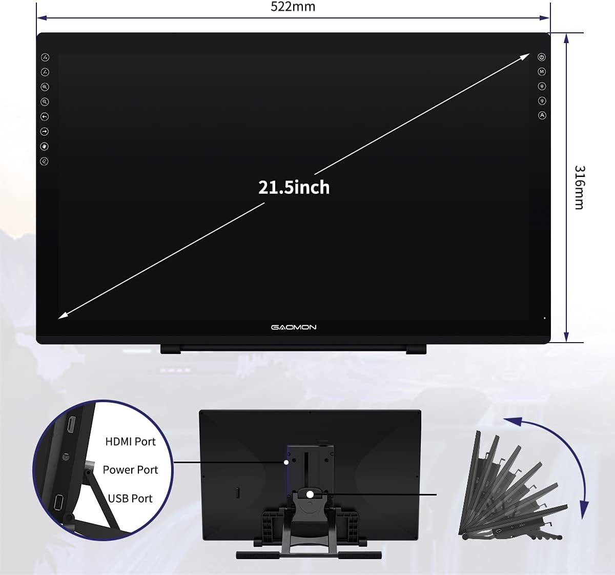 Drawing Tablet with Screen GAOMON PD1561 Drawing Monitor Art Tablet with Adjustable Stand, 10 Shortcut Keys, Tilt Support, Battery-Free Pen, 15.6-inch Graphics Tablet for Mac, Windows PC