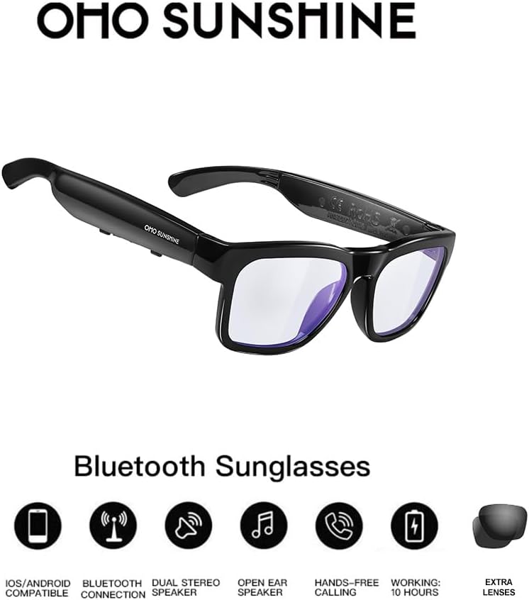OhO Smart Glasses,Safety Glasses with Bluetooth Speaker,Indoor/Outdoor UV Protection and Voice Control,Unisex(Blue Light Lens)