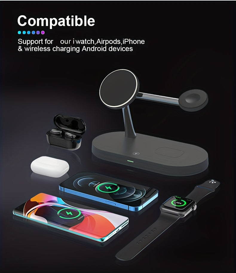 TIMESS-5 in 1 Magnetic Wireless Charger Stand, 15W Qi Fast Charging Dock Station Holder LED Night Light Compatible with iPhone 15/14/13/12 Pro Max Mini, Apple Watch 9/8/7/SE/6/5/4/3/2, AirPods 3/2/Pro