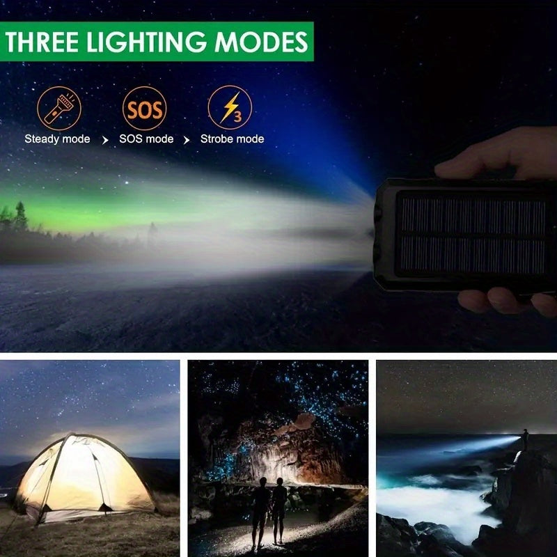 Solar Power Bank: Portable Charger with Dual LED Flashlights, USB Input/Output & Waterproof Solar Panel