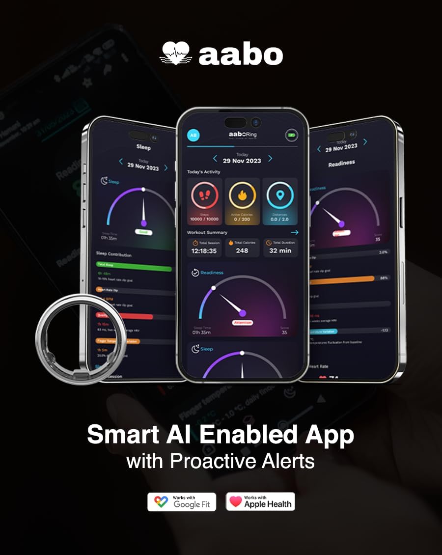 Aabo AI Smart Ring for Men & Women | Fitness Tracking - 32 Modes | Sleep & Stress Monitoring | Titanium Ring | No App Subscription | IP68 Water Resistant | Upto 7-Day Battery Life |Black, Size 11
