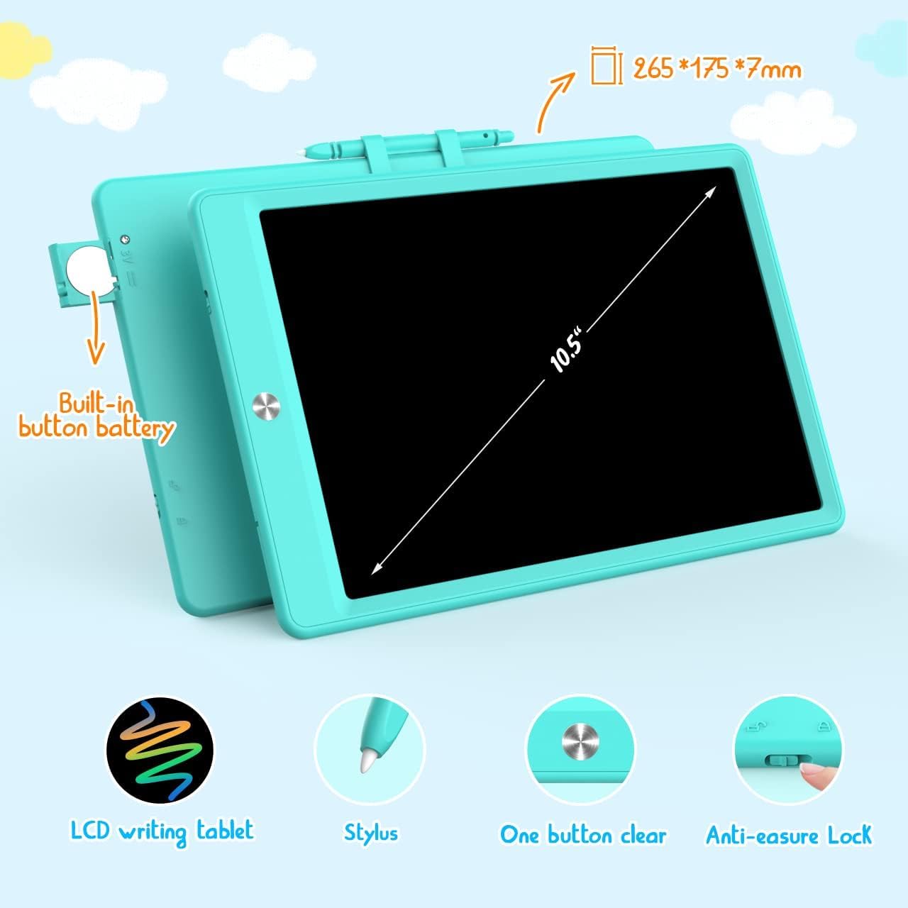 BUKEBU LCD Writing Tablet Doodle Board,10.5 inch Colorful Drawing Pad,Electronic Drawing Tablet, Drawing Pads,Travel Gifts for Kids Ages 3 4 5 6 7 8 Year Old Girls Boys (Blue)