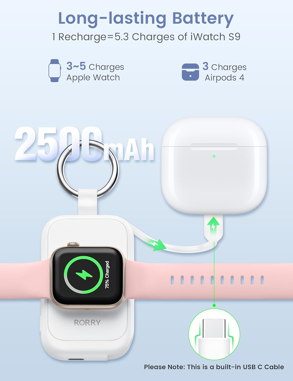 RORRY Charger for Apple Watch Series 9, 2500mAh Fast Charging Portable Charger for iWatch, Travel Charger with Built-in USB C Cable for Apple Watch Ultra Series 9 8 7 6 5 4 3 2 SE Accessories, Pink