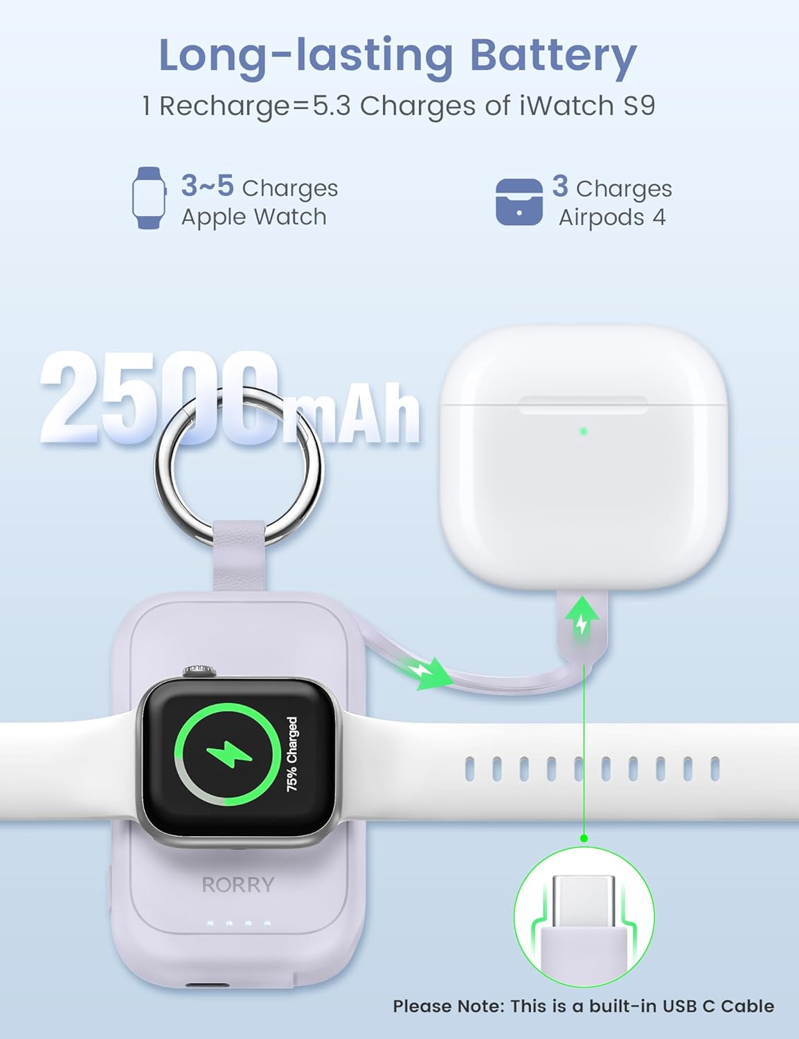 RORRY Charger for Apple Watch Series 9, 2500mAh Fast Charging Portable Charger for iWatch, Travel Charger with Built-in USB C Cable for Apple Watch Ultra Series 9 8 7 6 5 4 3 2 SE Accessories, Pink