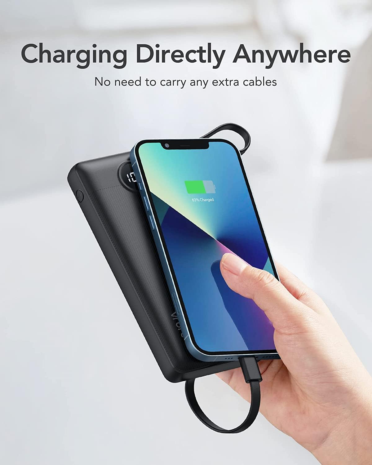 VRURC 10000mAh Power Bank Built-in Cables, Portable Charger with LED Display, Slim Travel Battery Pack with Cords, 5 Output Dual Input Phone Charger for Cell Phone Smart Devcies-Blue(1 Pack)