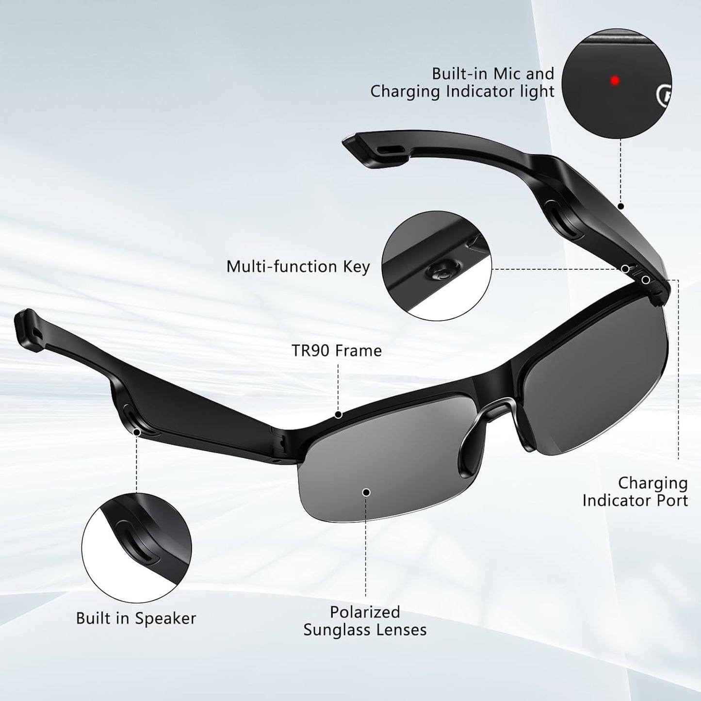 Smart Glasses, Polarized Bluetooth Sunglasses with Speaker, Voice Assistant, Open Ear, UV Protection Outdoor Audio Glass