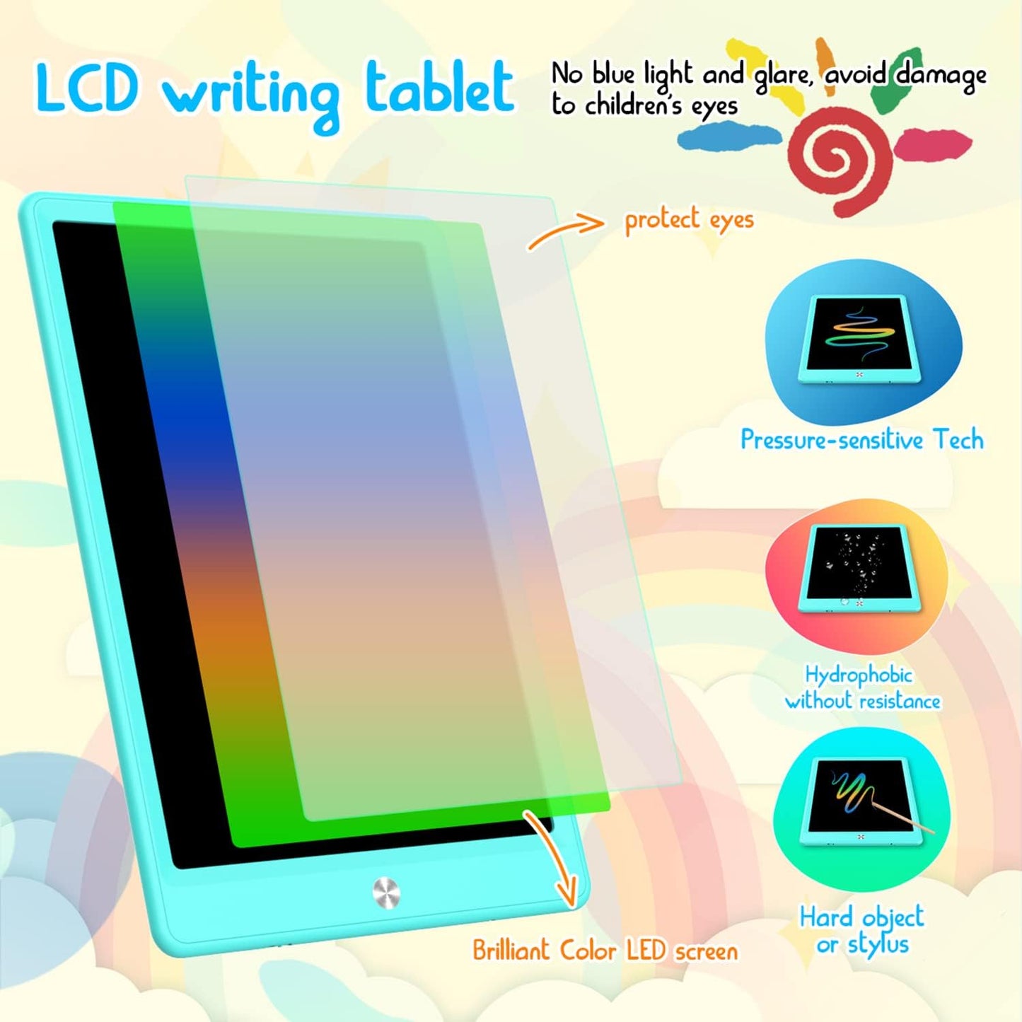 BUKEBU LCD Writing Tablet Doodle Board,10.5 inch Colorful Drawing Pad,Electronic Drawing Tablet, Drawing Pads,Travel Gifts for Kids Ages 3 4 5 6 7 8 Year Old Girls Boys (Blue)