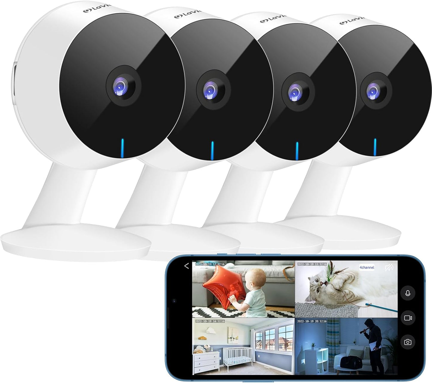 LaView Security Cameras 4pcs, Home Security Camera Indoor 1080P, Wi-Fi Cameras Wired for Pet, Motion Detection, Two-Way Audio, Night Vision, Phone App, Works with Alexa, iOS & Android & Web Access
