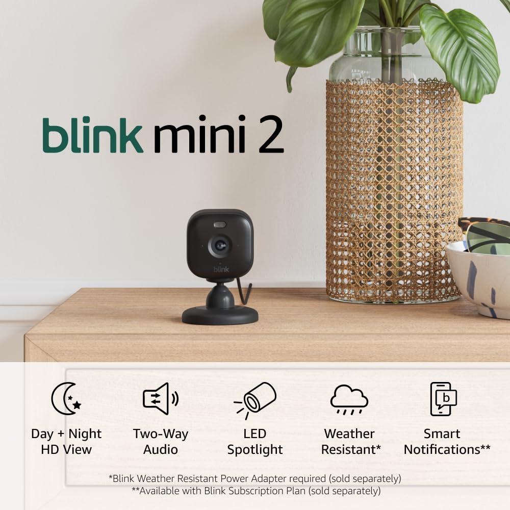 Blink Mini 2 (newest model), Plug-in smart security camera, HD night view in color, built-in spotlight, two-way audio, motion detection, Works with Alexa (White)