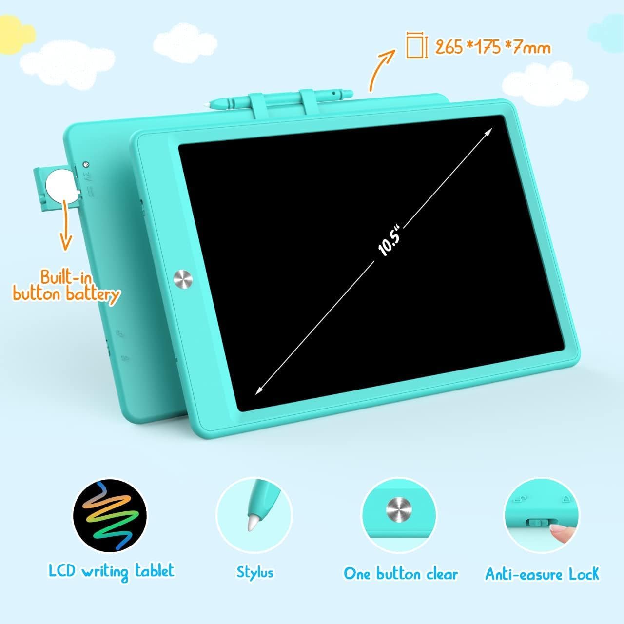 BUKEBU LCD Writing Tablet Doodle Board,10.5 inch Colorful Drawing Pad,Electronic Drawing Tablet, Drawing Pads,Travel Gifts for Kids Ages 3 4 5 6 7 8 Year Old Girls Boys (Blue)
