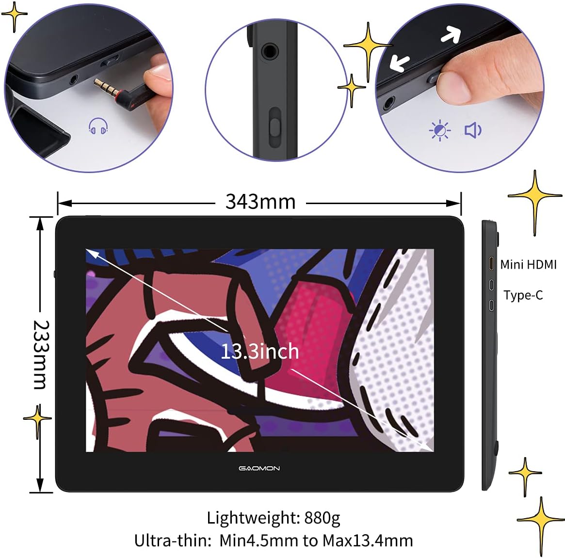 Drawing Tablet with Screen GAOMON PD1561 Drawing Monitor Art Tablet with Adjustable Stand, 10 Shortcut Keys, Tilt Support, Battery-Free Pen, 15.6-inch Graphics Tablet for Mac, Windows PC