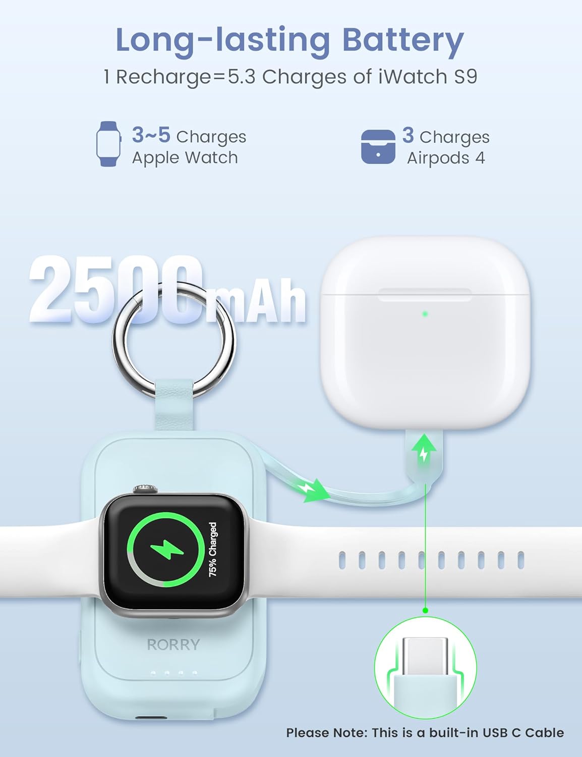 RORRY Charger for Apple Watch Series 9, 2500mAh Fast Charging Portable Charger for iWatch, Travel Charger with Built-in USB C Cable for Apple Watch Ultra Series 9 8 7 6 5 4 3 2 SE Accessories, Pink
