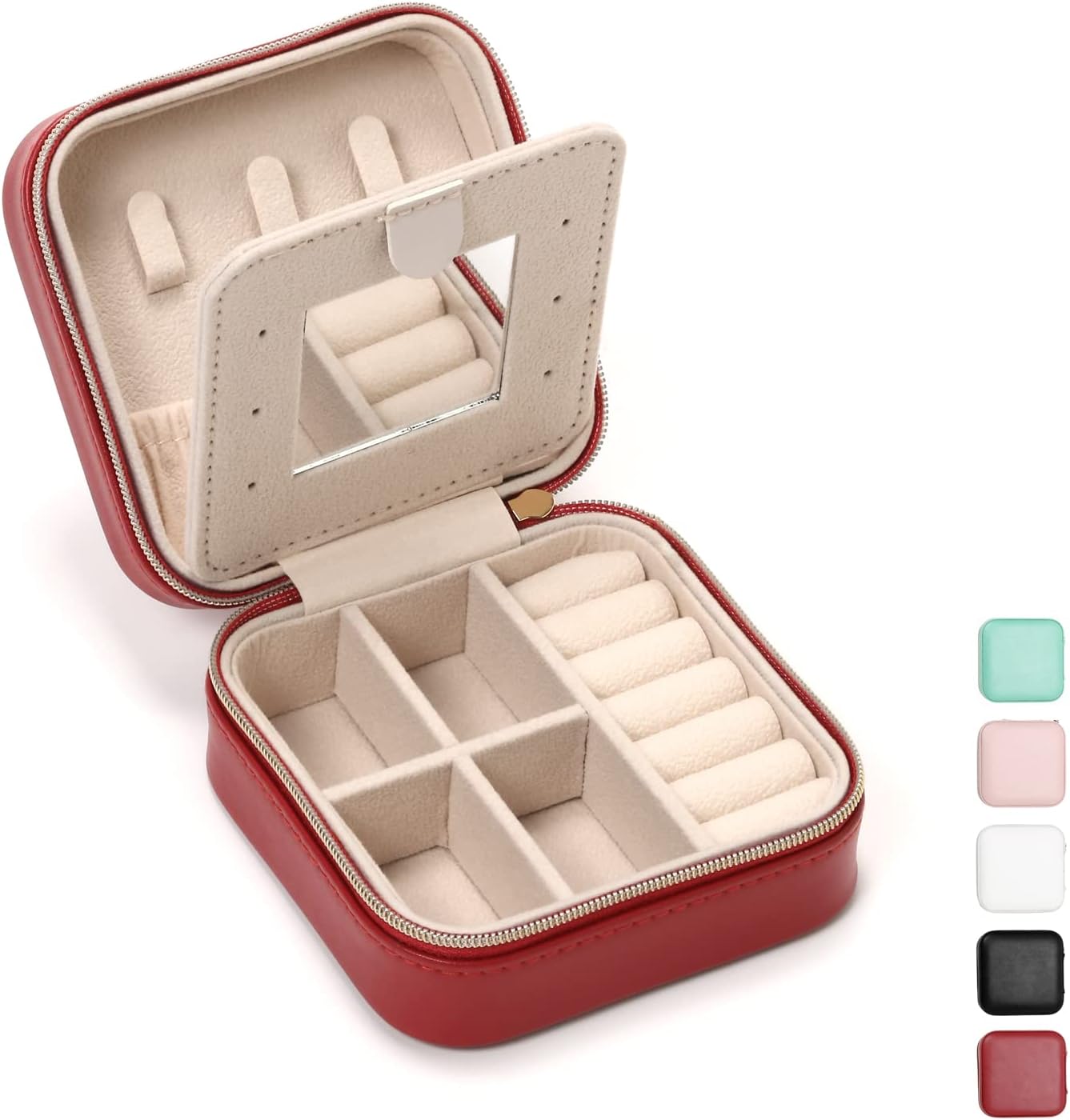 TRODANCE Jewelry Travel Case with Mirror,Small Travel Jewelry Organizer, Portable Jewelry Box Travel Mini Organizer Portable Display Storage Box For Rings Earrings Necklaces (White)