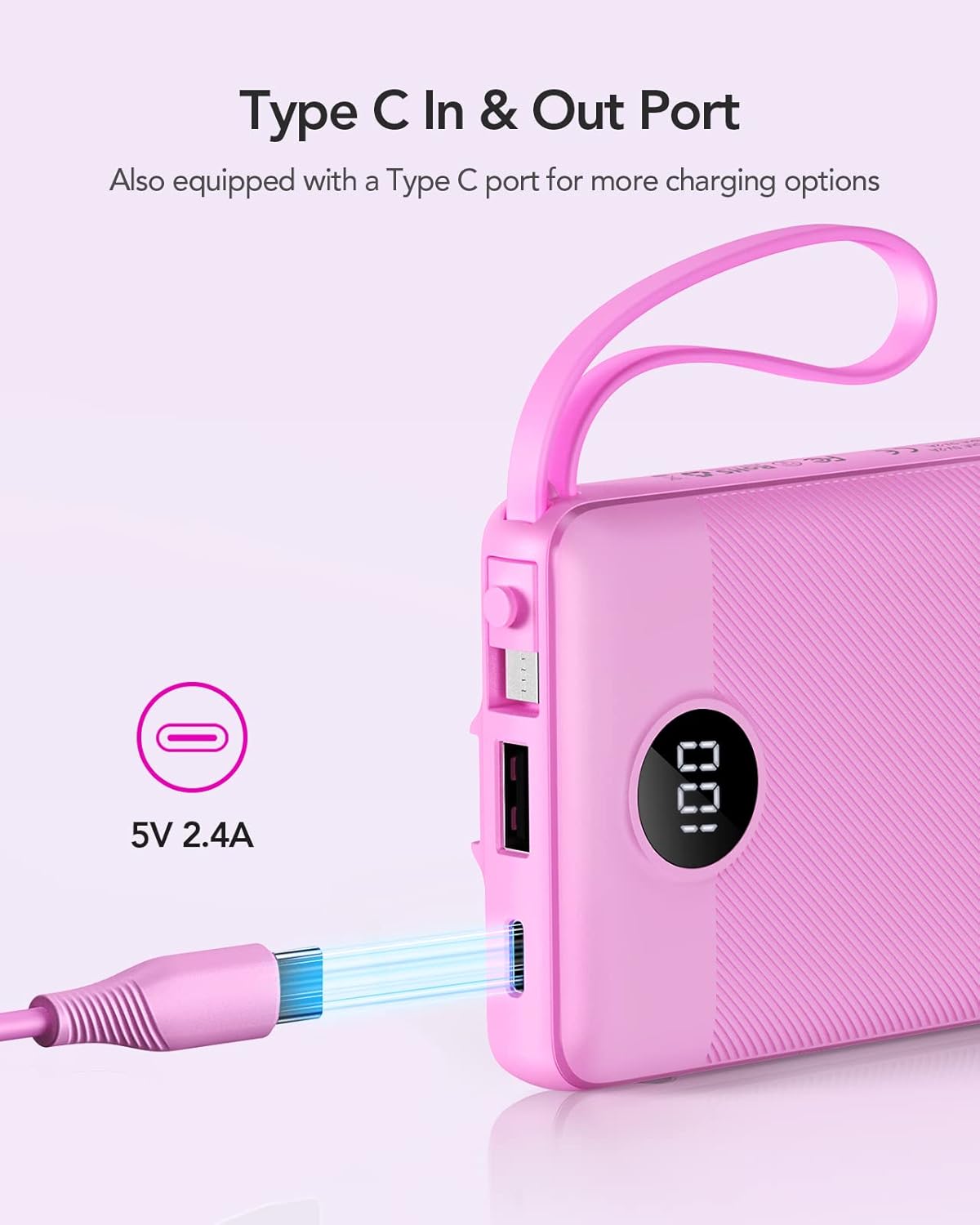 VRURC 10000mAh Power Bank Built-in Cables, Portable Charger with LED Display, Slim Travel Battery Pack with Cords, 5 Output Dual Input Phone Charger for Cell Phone Smart Devcies-Blue(1 Pack)
