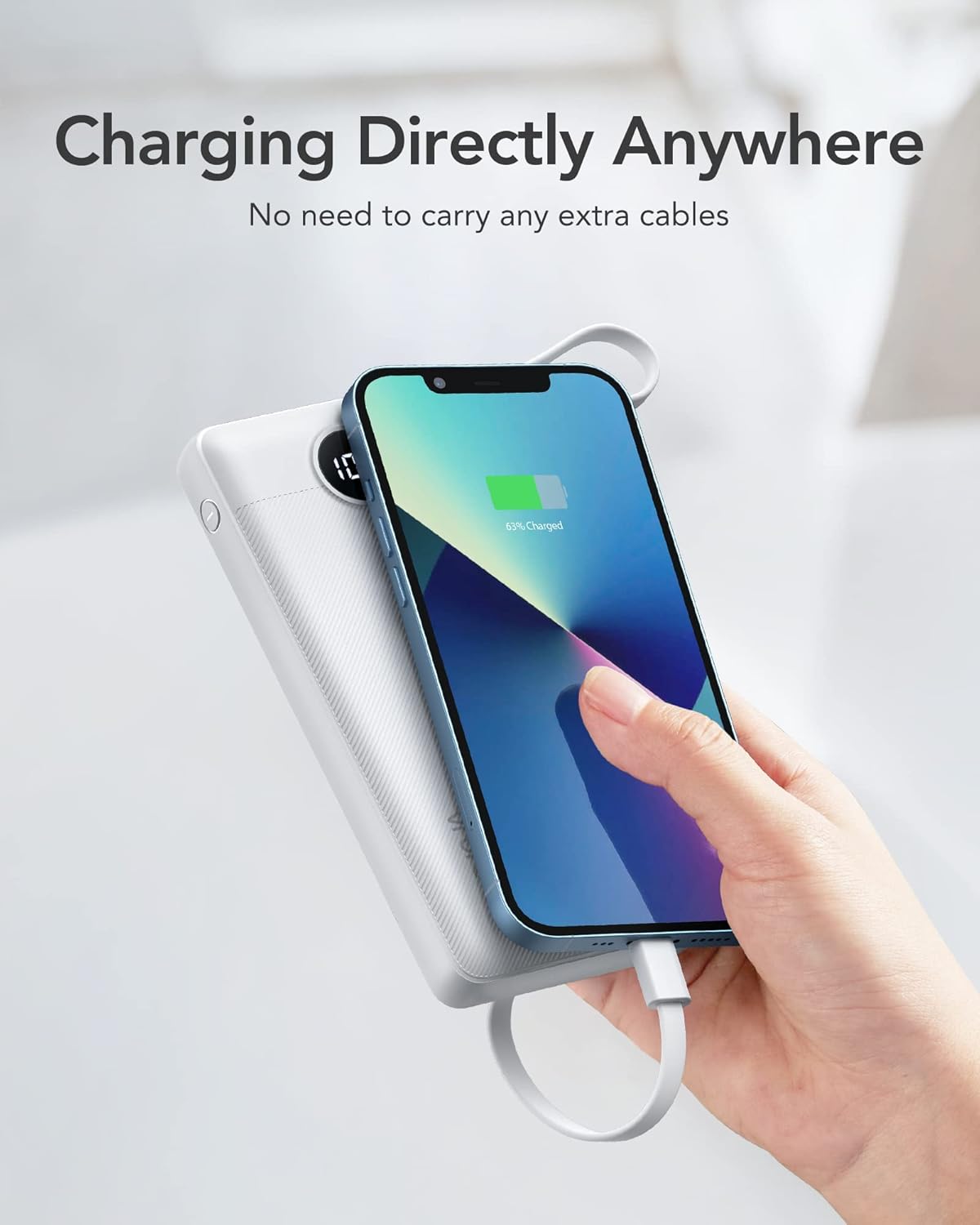 VRURC 10000mAh Power Bank Built-in Cables, Portable Charger with LED Display, Slim Travel Battery Pack with Cords, 5 Output Dual Input Phone Charger for Cell Phone Smart Devcies-Blue(1 Pack)