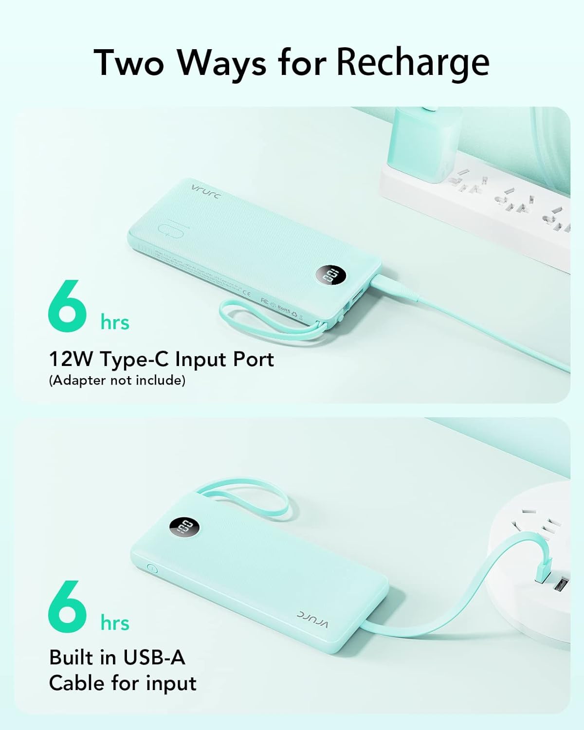 VRURC 10000mAh Power Bank Built-in Cables, Portable Charger with LED Display, Slim Travel Battery Pack with Cords, 5 Output Dual Input Phone Charger for Cell Phone Smart Devcies-Blue(1 Pack)