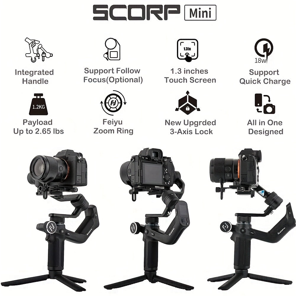 FeiyuTech Scorp Mini 3-Axis All In One Gimbal Stabilizer for Mirrorless Camera with Short Lens, Compact Cameras, Action Camera Gopro, 54-88mm Width iPhone 15 Pro, 1.3" Touch Screen, 2.6lbs Payload