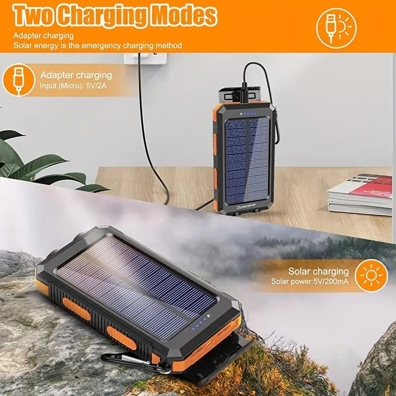 Solar Power Bank: Portable Charger with Dual LED Flashlights, USB Input/Output & Waterproof Solar Panel