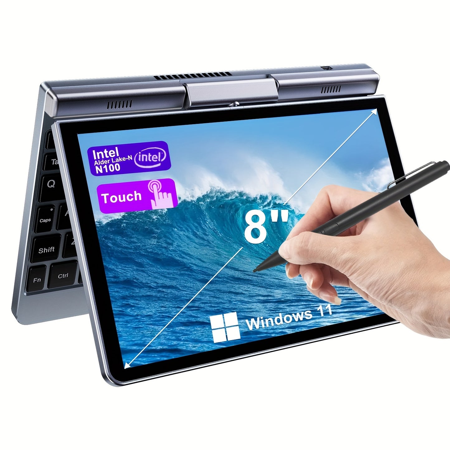 Crelander 2 in 1 Mini Laptop | 8 Inch Touchscreen Portable Computer | Intel 12th Gen N100 Processor | 12GB DDR5 RAM | 1TB M.2 SSD | PD 30W Charging | Wi-Fi 6 BT5.2 | Backlit Keyboard | Windows 11