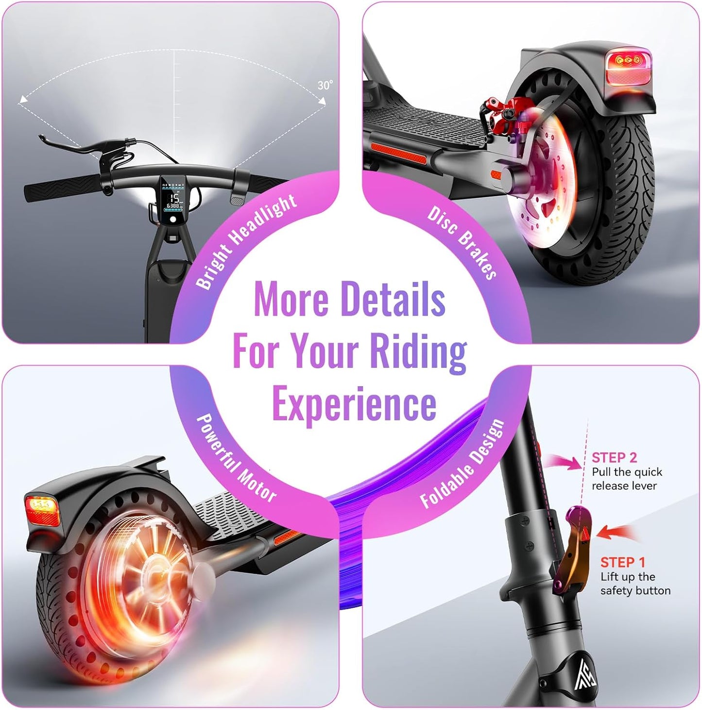 TST Electric Scooter for Adults, Up to 19 MPH and 20/30 Miles Long-Range, 500W Peak Motor Foldable E Scooter, 10" Solid Rear Tire and Pneumatic Front Tire, Dual Braking System and App Control