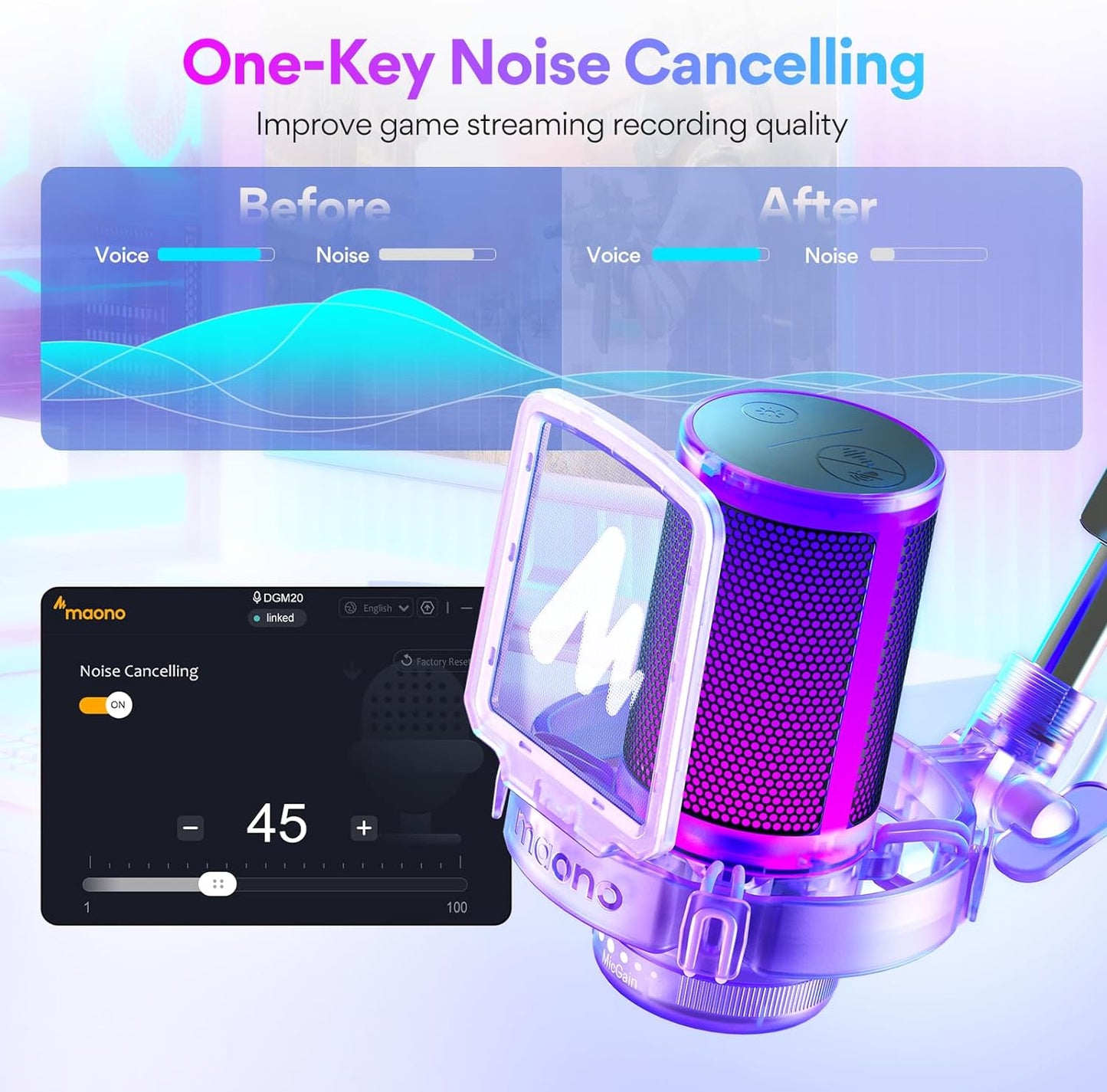 MAONO Gaming USB Microphone, Noise Cancellation Condenser mic with Mute, Gain, Monitoring, Boom Arm for Streaming, Podcast, Twitch, YouTube, Discord, PC, Computer, PS4, PS5, Mac, GamerWave DGM20S