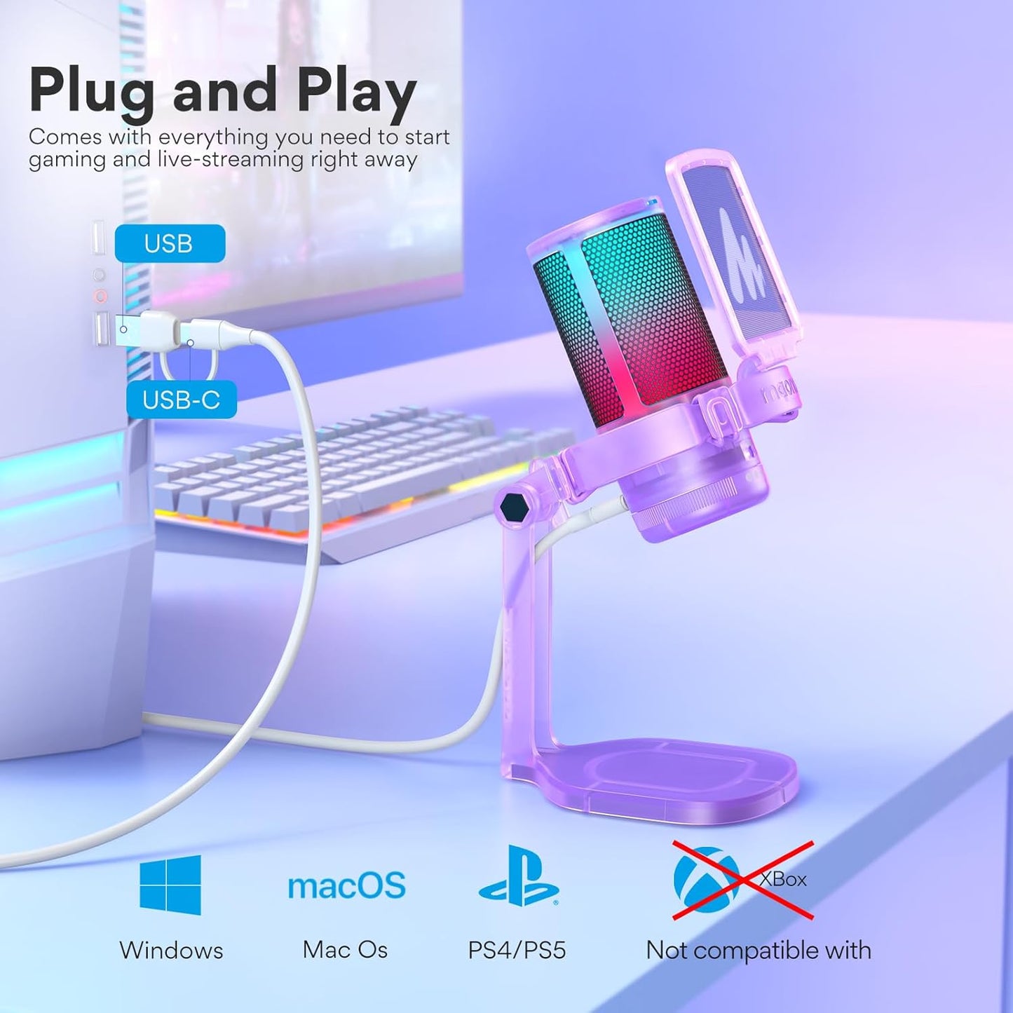 MAONO USB Gaming Microphone for PC, Noise Cancellation Condenser Mic with RGB Lights, Mute, Gain for Streaming, Recording, Podcast, Chat, Twitch, YouTube, Discord, Computer, PS5, PS4, GamerWave