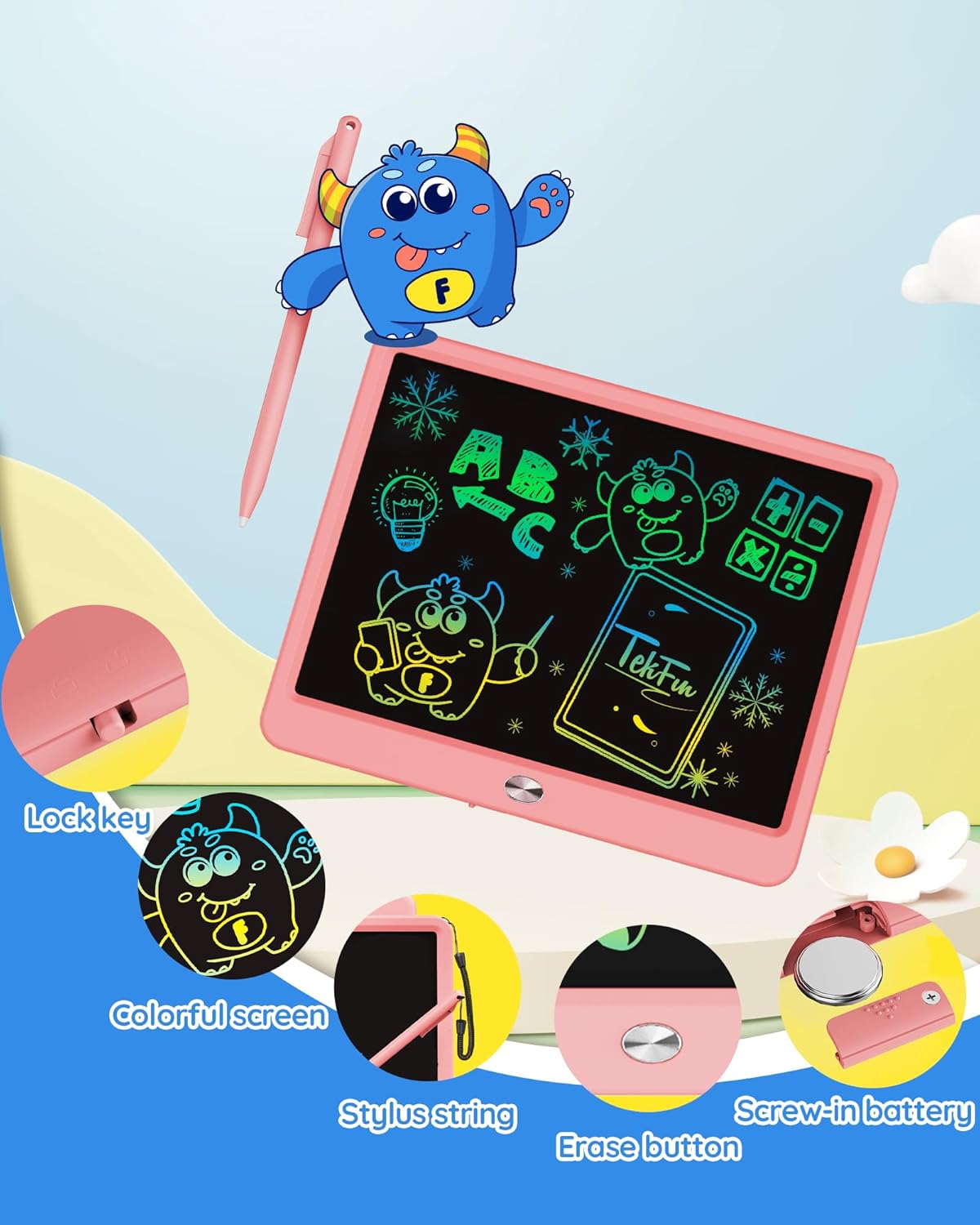 TEKFUN LCD Writing Tablet Doodle Board, 10inch Colorful Drawing Tablet Writing Pad, Kids Travel Essentials, Toddler Toys for 3 4 5 6 7 8 Year Old Girls Boys (Blue)