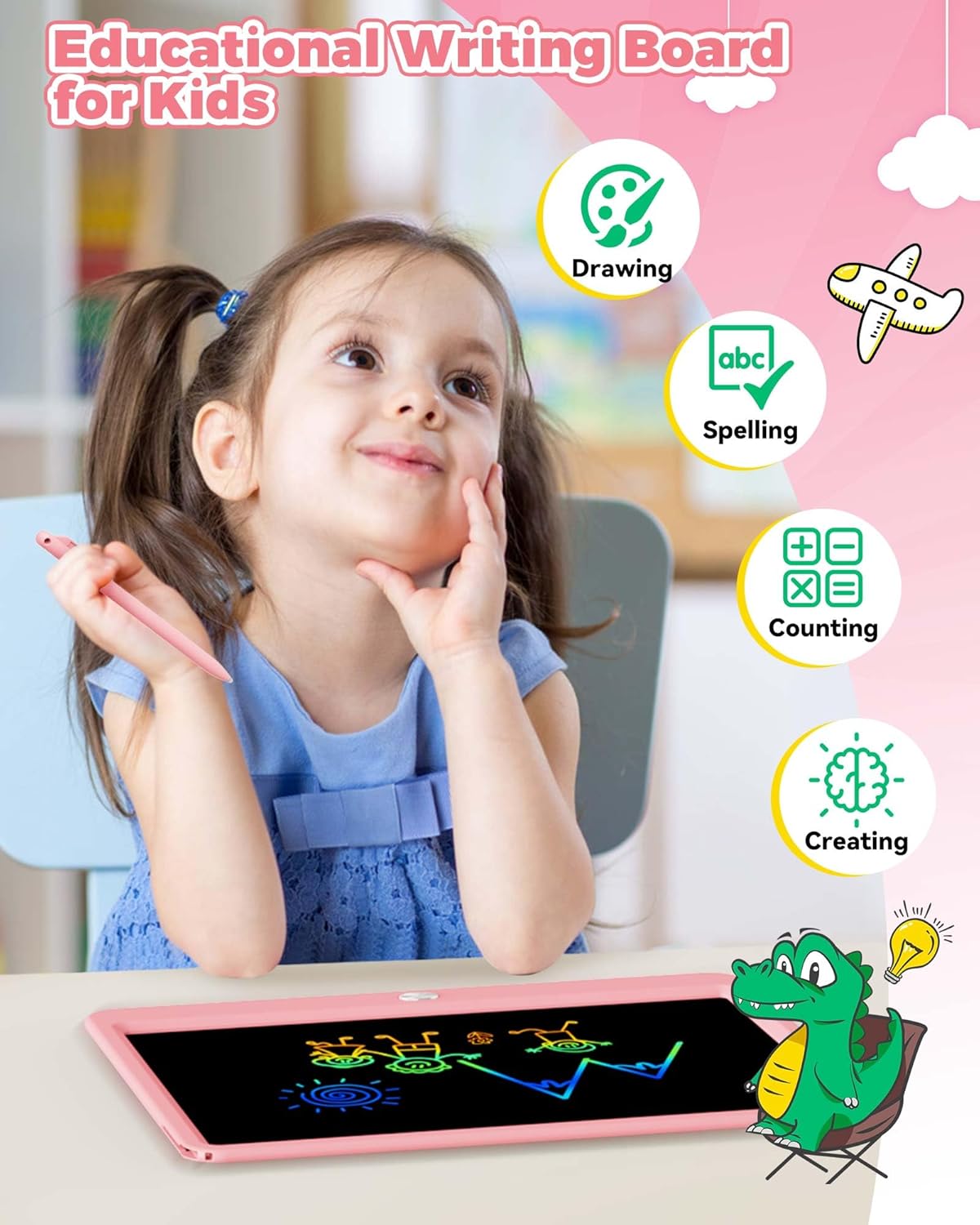 KOKODI 12 Inch LCD Writing Tablet with Anti-Lost Stylus, Erasable Doodle Board Colorful Toddler Drawing Pad, Car Travel School Games Toys for 3 4 5 6 7 8 Kids, Birthday Gift for Girls Boys Adults Pink