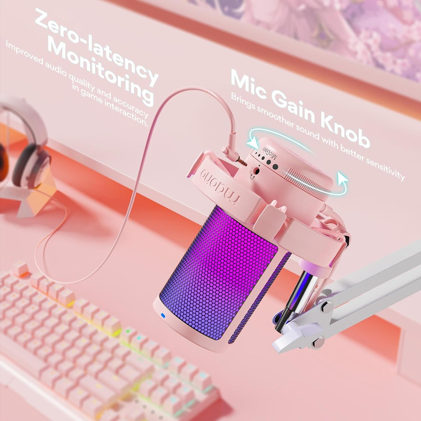 MAONO Gaming USB Microphone, Noise Cancellation Condenser mic with Mute, Gain, Monitoring, Boom Arm for Streaming, Podcast, Twitch, YouTube, Discord, PC, Computer, PS4, PS5, Mac, GamerWave DGM20S
