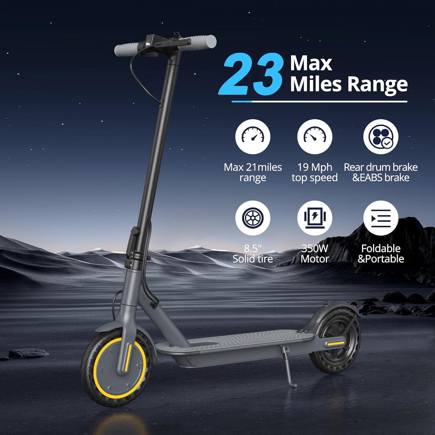 Electric Scooter - 350W Motor, 8.5" Solid Tires, Up to 19 MPH and 20/23 Miles Long-Range Portable Folding Commuting Scooter for Adults with Double Braking System and App