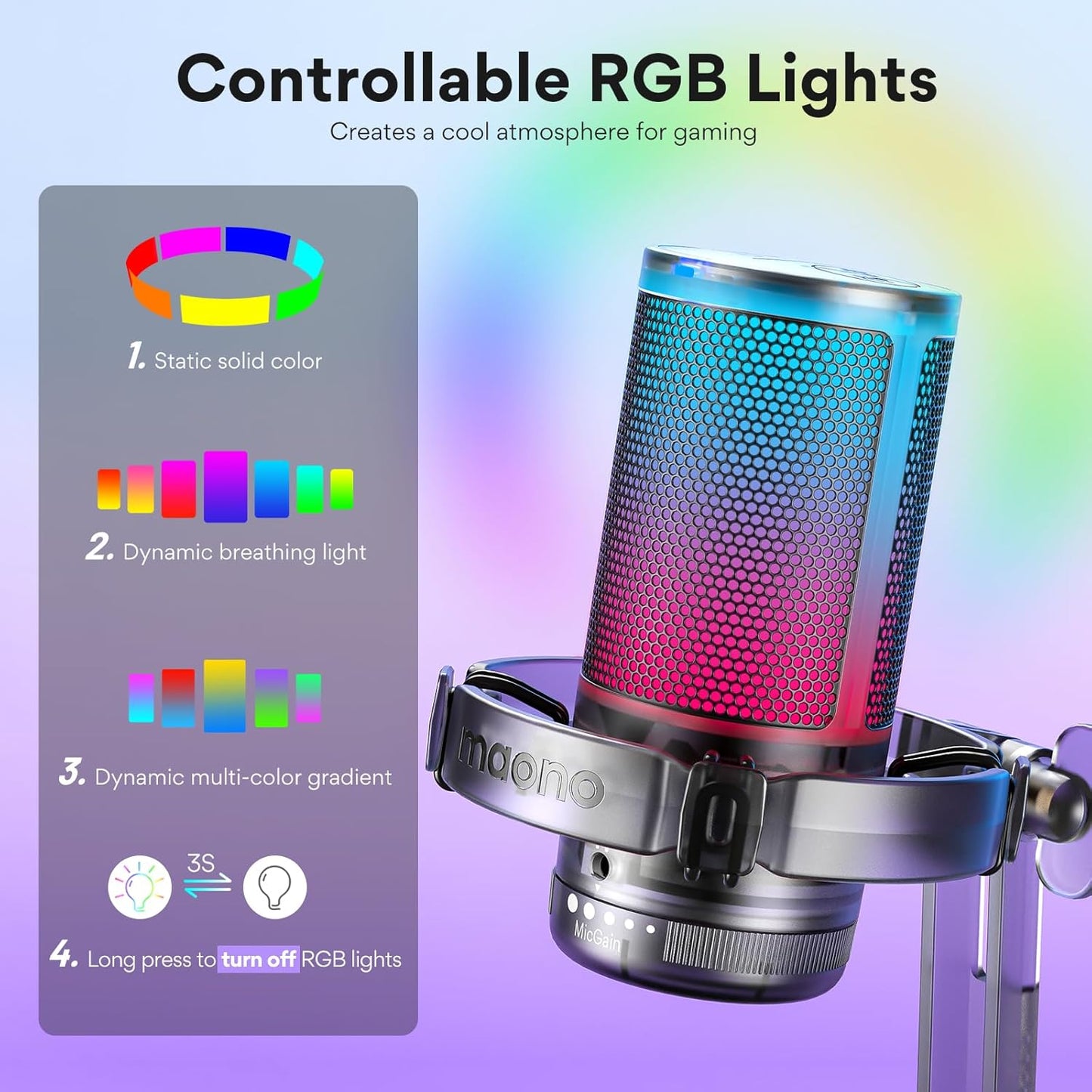 MAONO USB Gaming Microphone for PC, Noise Cancellation Condenser Mic with RGB Lights, Mute, Gain for Streaming, Recording, Podcast, Chat, Twitch, YouTube, Discord, Computer, PS5, PS4, GamerWave