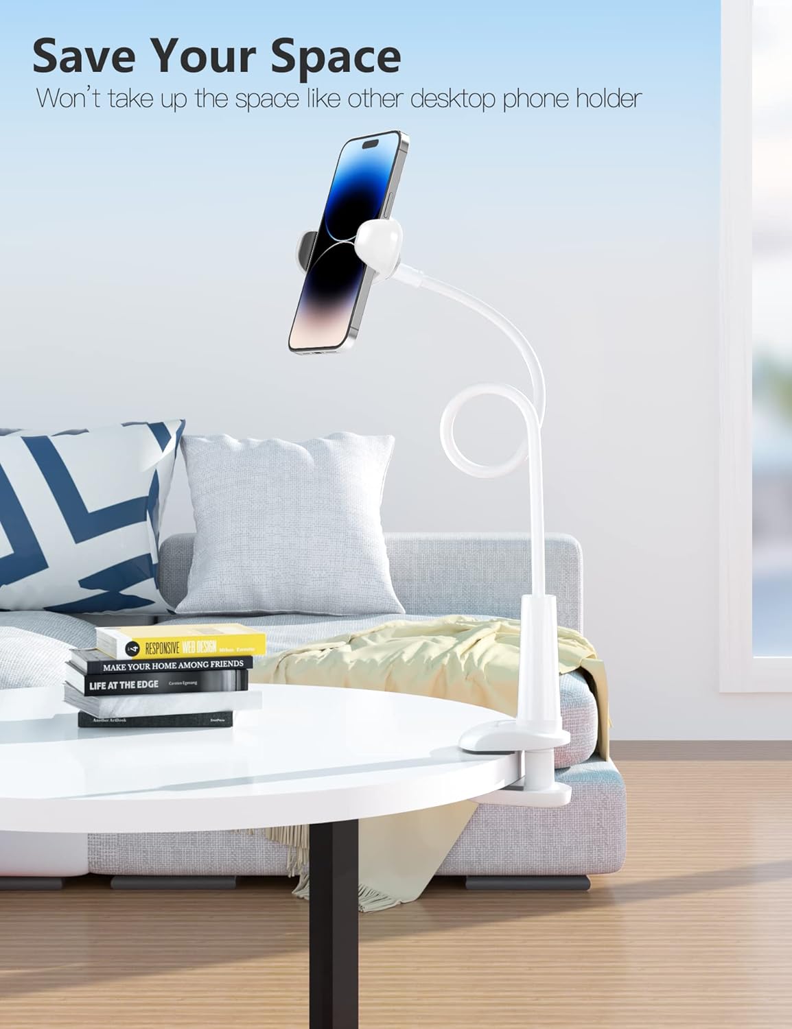 Tryone Gooseneck Phone Holder Stand for Bed Flexible Arm Adjustable Cell Phones Mount Clamp on Desk Bedframe Compatible with iPhone 14 Pro Max 13 12 11 X SE Series/Samsung S22 or Other 4"-7" Devices