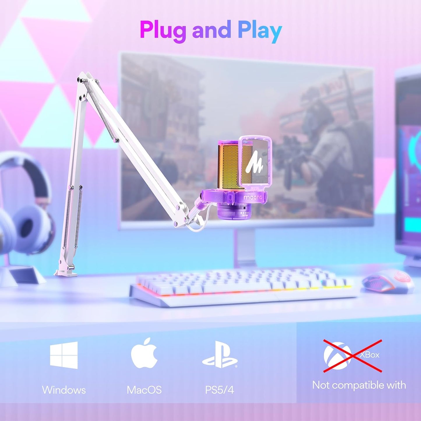 MAONO Gaming USB Microphone, Noise Cancellation Condenser mic with Mute, Gain, Monitoring, Boom Arm for Streaming, Podcast, Twitch, YouTube, Discord, PC, Computer, PS4, PS5, Mac, GamerWave DGM20S